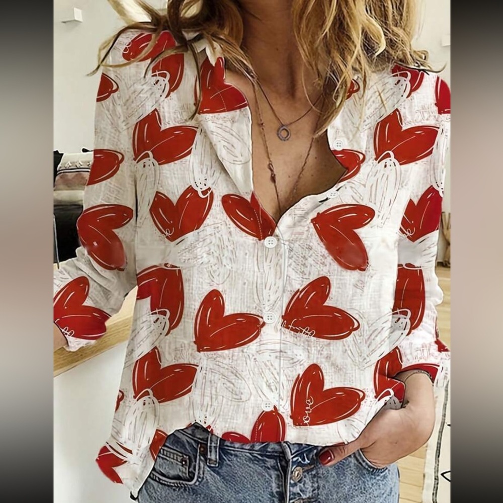 Luxe red hearts print button down shirt